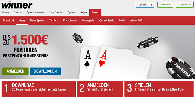 Winner Poker wirbt offensiv mit einem Bonus von bis zu 1.500 Euro für die erste Einzahlung (Quelle: Winner Poker)