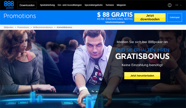 Ohne notwendige Einzahlung 88 $ für die Anmeldung kassieren (Quelle: 888Poker)