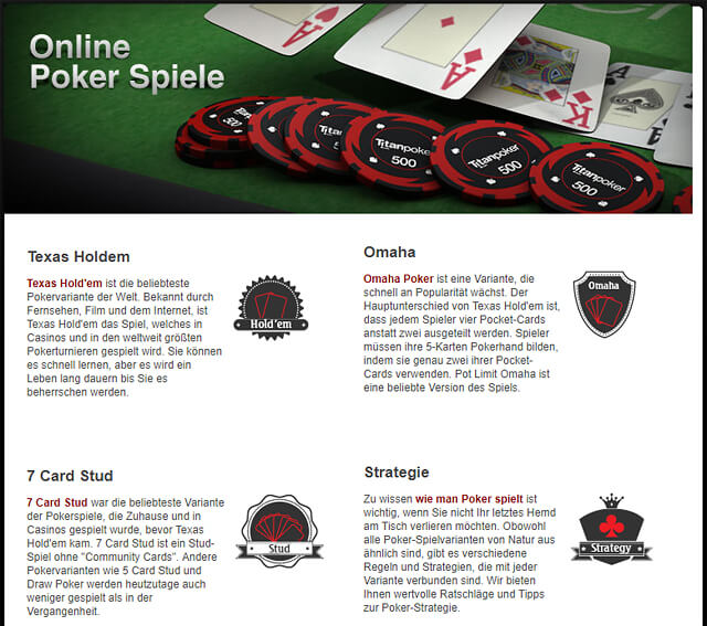 Titan Poker bietet die Poker-Varianten Texas Hold’em, Omaha und 7 Card Stud an (Quelle: Titan Poker)